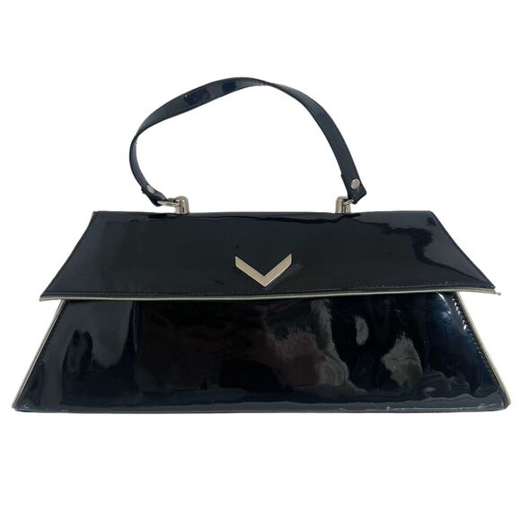 Vintage Tatyana Black Faux Patent Leather Structured Handbag Purse - Picture 1 of 10